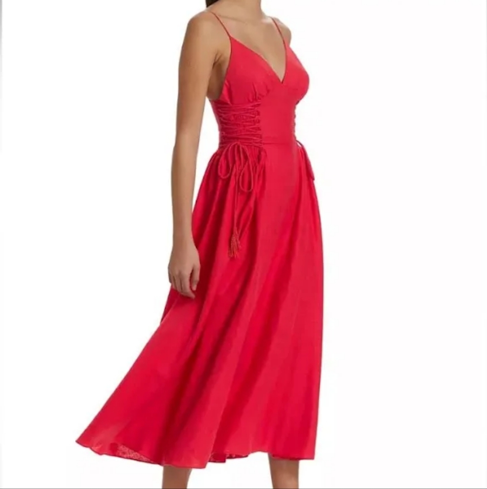 Farm rio Linen-Blend Lace-Up Midi-Dress red sz L,XL BNWT - Picture 3 of 13